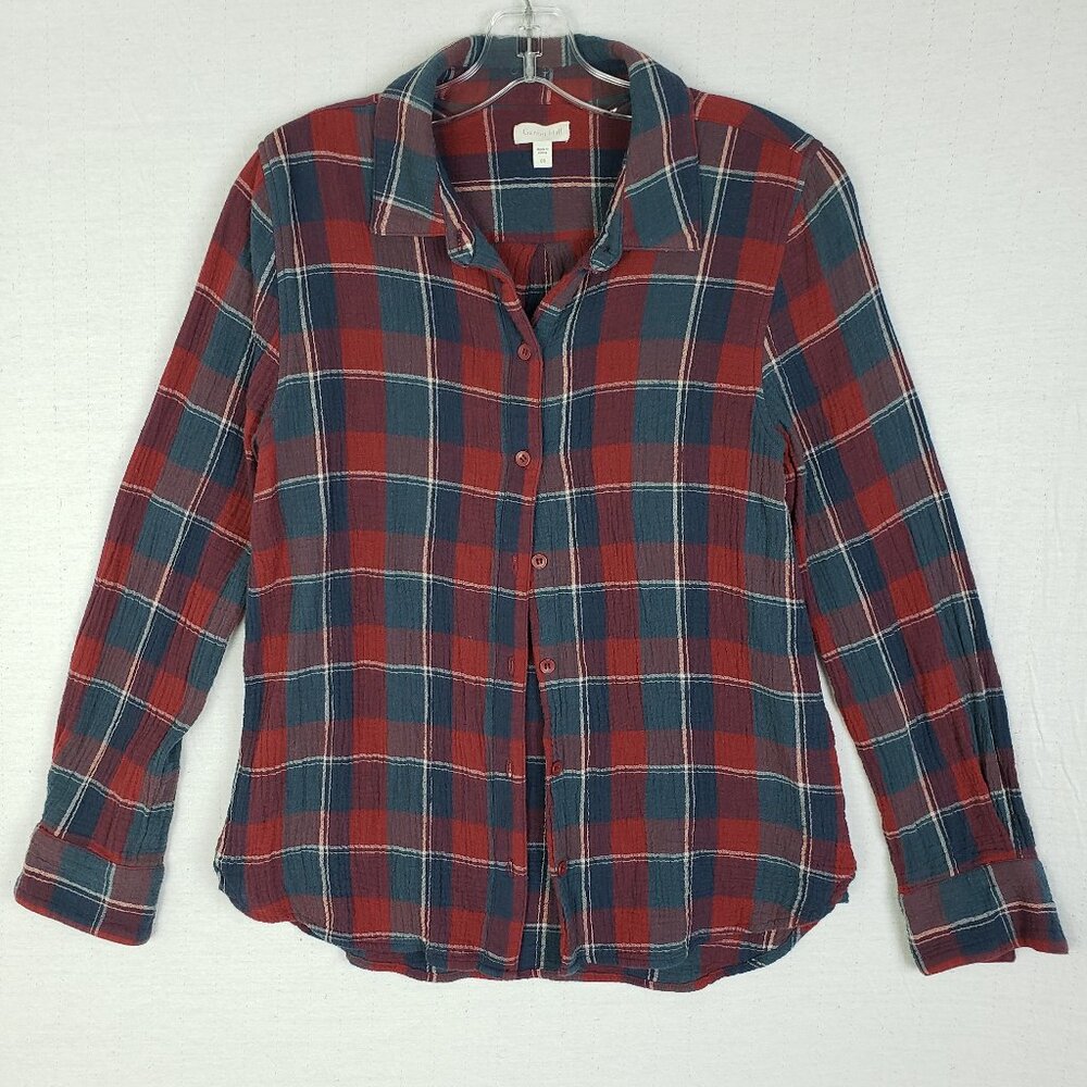 Garnet Hill Plaid Shirt Organic Cotton Button Up size 8 Gauze Casual Resort